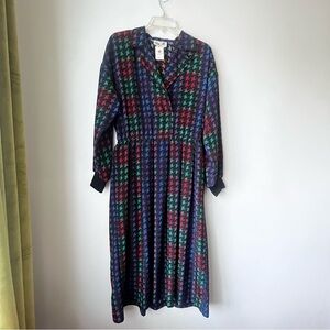 Vintage 80s Ilse M. Black Colorful Houndstooth Midi Dress 12